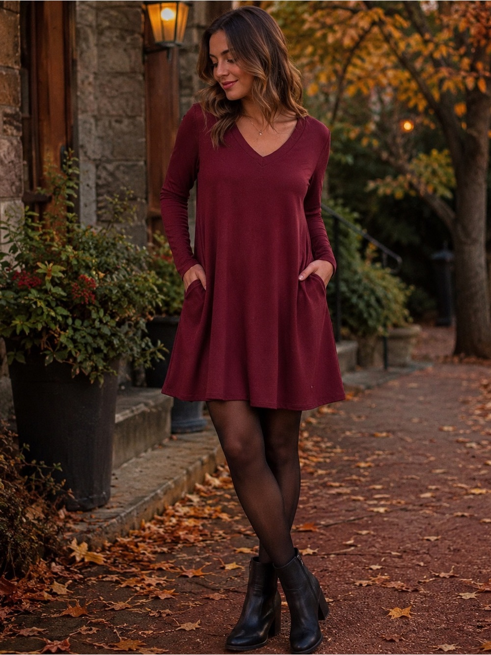 Sew In Love V-Neck Long Sleeve Swing Dress - Burgundy